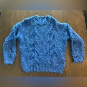 Renee C. Fuzzy Blue Cable Knit Crewneck Sweater